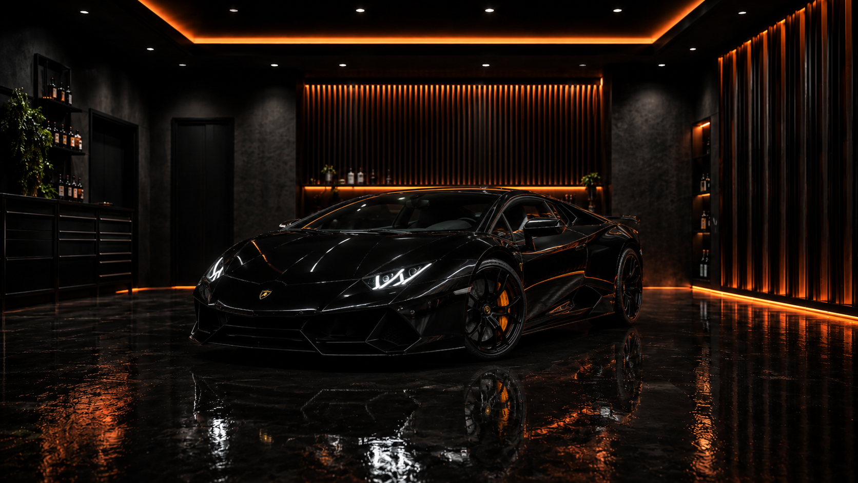 Dark Knight Auto Spa luxury detailing studio with exotic vehicle under moody lighting