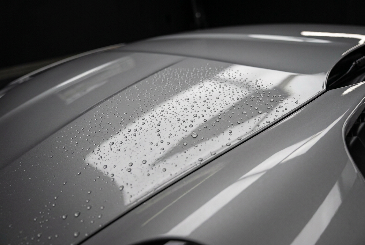 Close-up of silver paint with tight water beads after ceramic coating