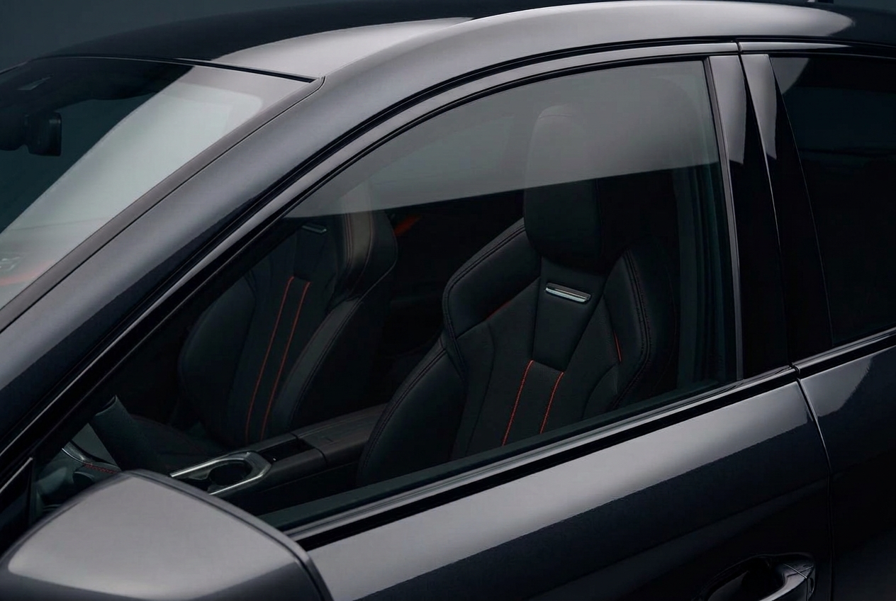Close-up of the same luxury vehicle side window with professional charcoal tint