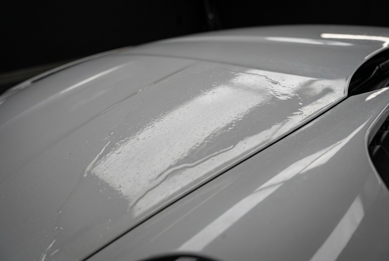 Close-up of silver paint with flat water sheeting before ceramic coating