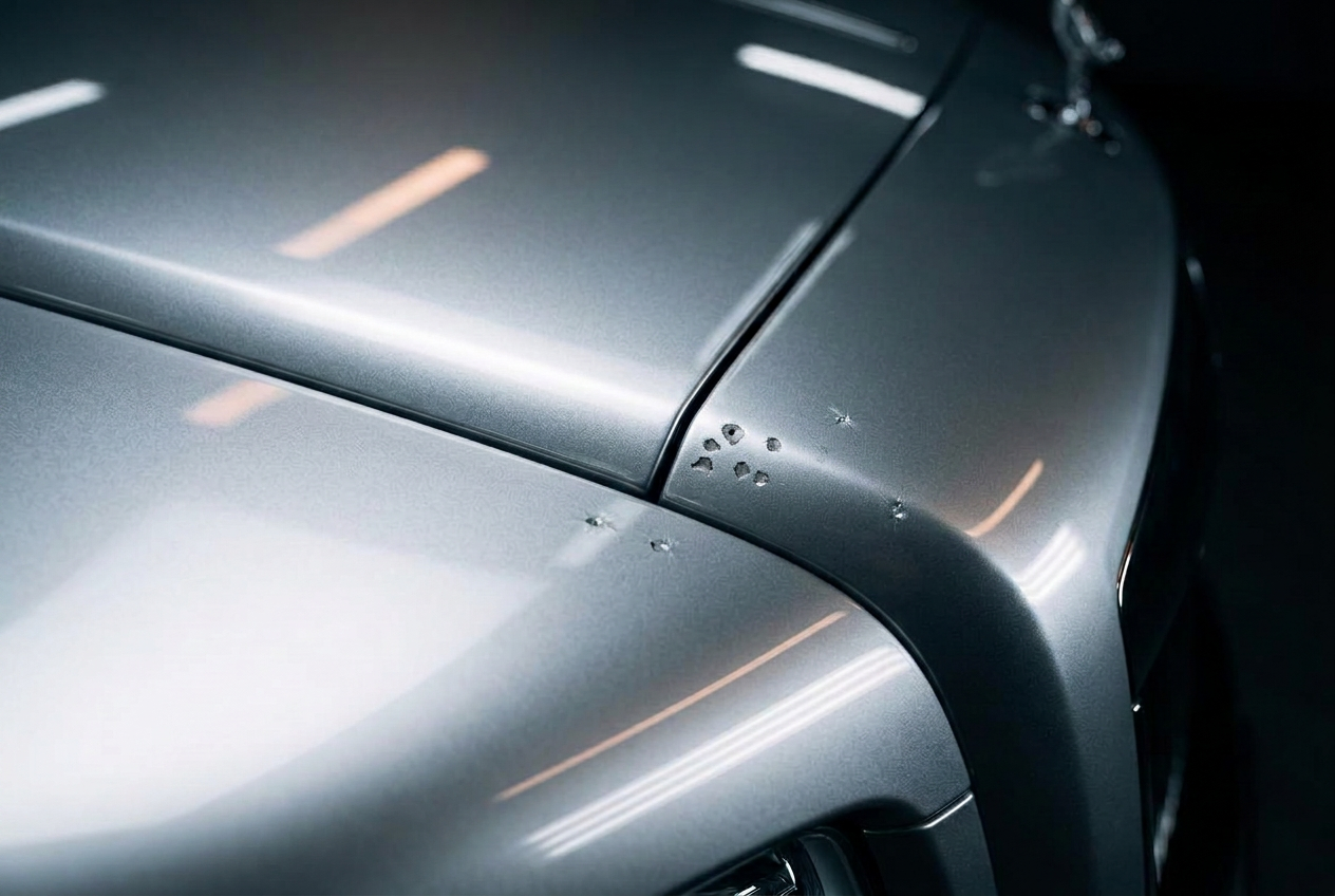 Close-up of unprotected silver front-end paint with realistic road-impact stone chips